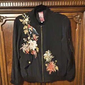 Johnny Was JWLA Bomber Silk Jacket Black with Embroidery Full Zip XSmall